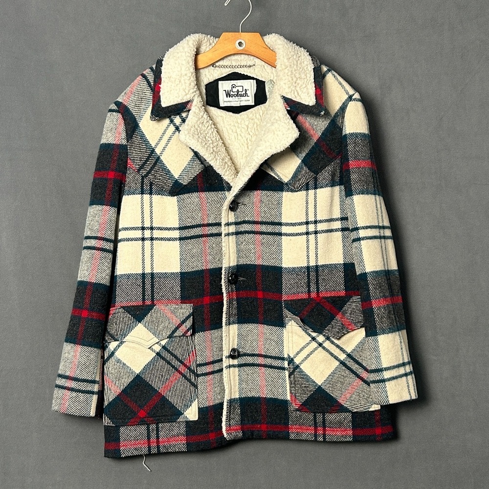 Vtg 70s Woolrich Plaid Wool Sherpa Ranch Coat Western Yoke Lambs Lining 44 USA